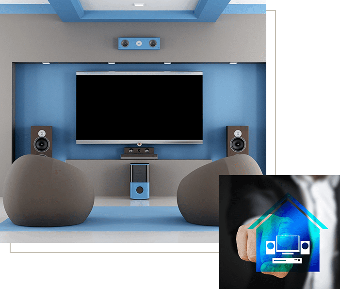 A room with a television and speakers in it